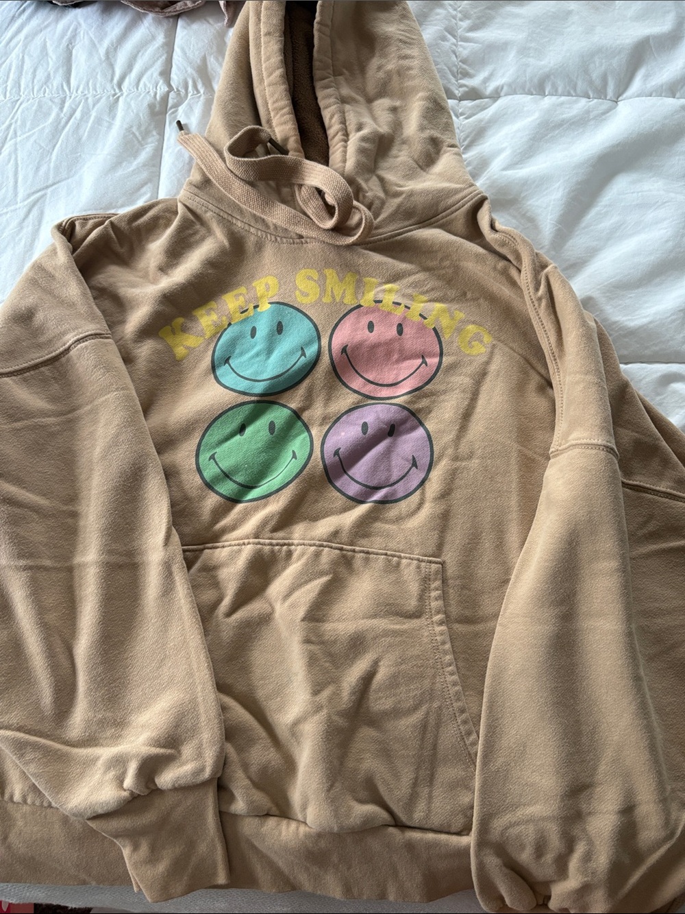 American Eagle Outfitters Beige Hoodie with Multicolor Smiley Faces